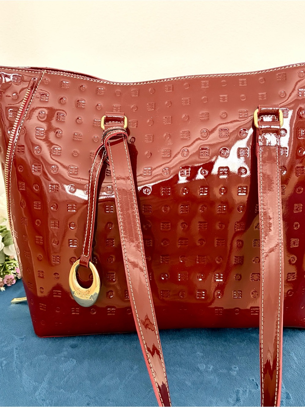 Arcadia Italy Burgundy Patent Leather Tote with Gold Accents Brand New